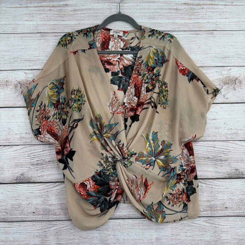Umgee USA Floral Twist Front Blouse Women's‎ Small Tan Multicolor V-Neck